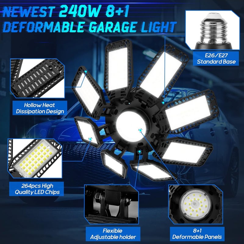 ISKYDRAW 240W LED Garage Light 2 Pack, 24000lm Garage Lights Ceiling LED with 8 Deformable Panels, Shop Light 6500K fit for E26 E27 Bulb Socket, Bay Lighting for Workshop Basement Barn - Image 4